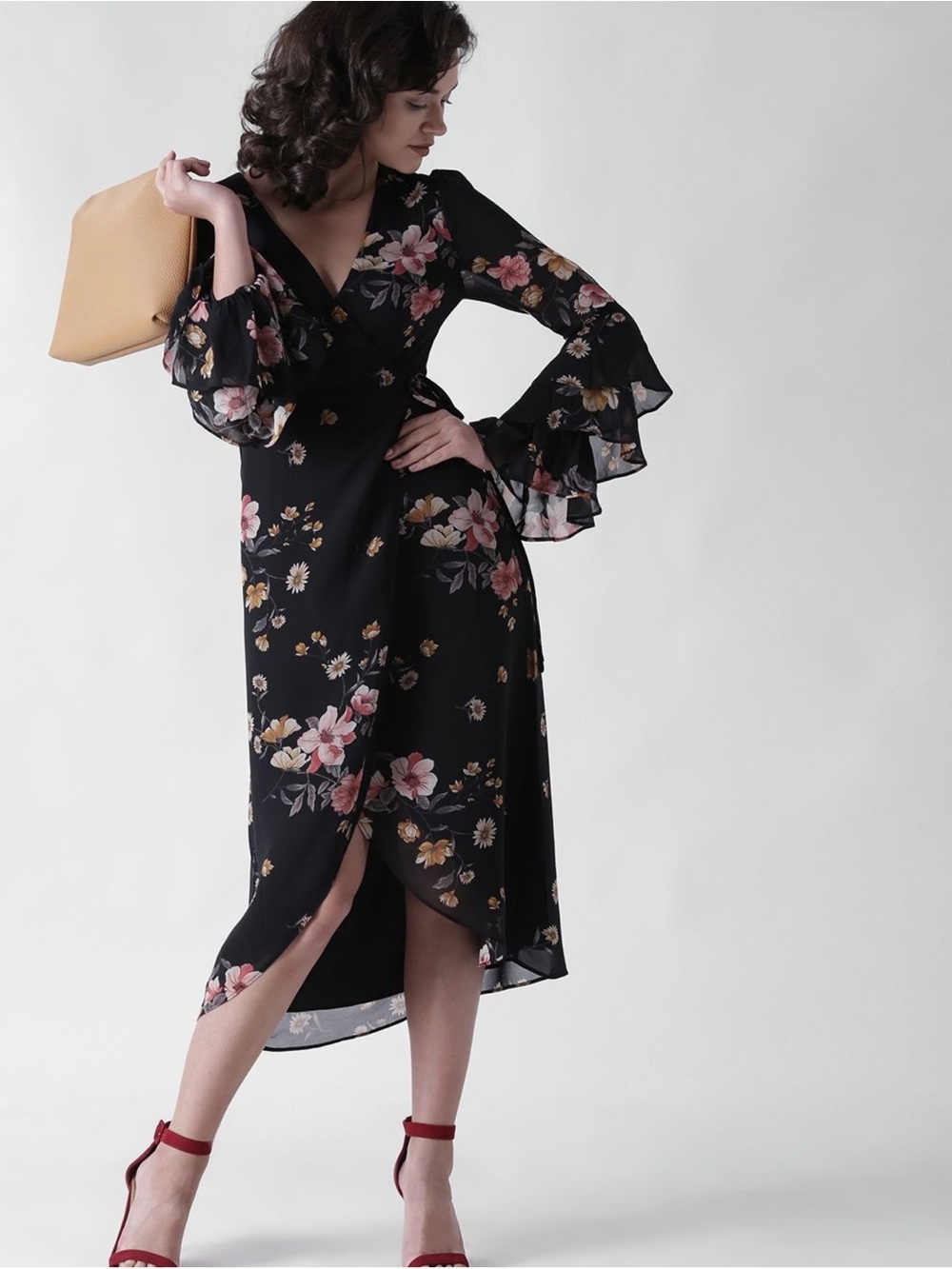 Forever 21 Black Floral Wrap Midi Dress with Ruffled Bell Sleeves